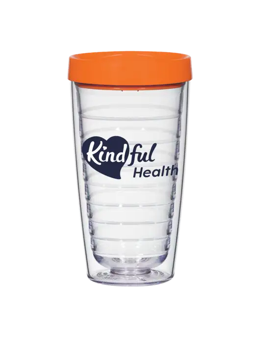 16 oz Trivex Double Wall Tumbler with Orange Travel Lid w/Kindful Health Logo