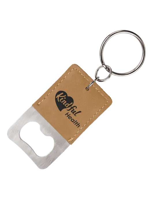 Tan Leatherette Rectangle Bottle Opener Keychain w/Kindful Health Logo