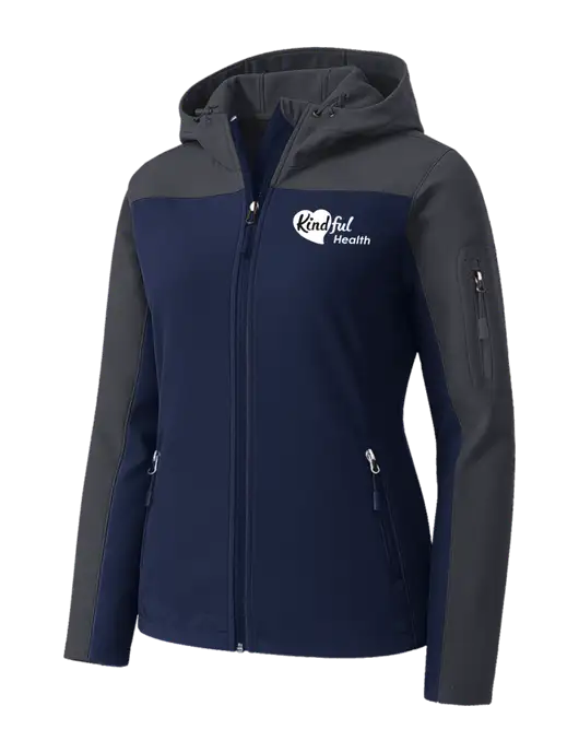 Womens Hooded Core Navy/Dark Grey Soft Shell Jacket w/Kindful Health Logo