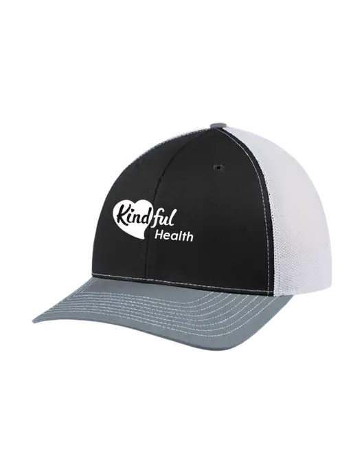 Richardson Adjustable Snapback Original 112 Trucker Cap Black/Light Heather Grey/White Mesh w/Kindful Health Logo