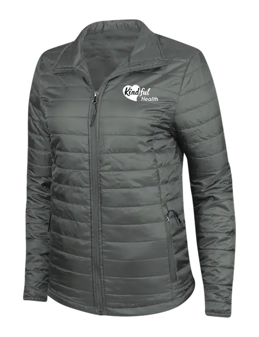 Dark Grey Womens Puffy Packable Jacket w/Kindful Health Logo