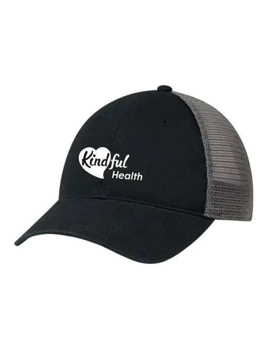 Richardson 111 Garment Washed Trucker Cap Black w/Charcoal Mesh w/Kindful Health Logo