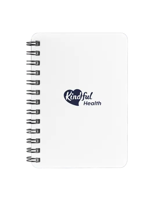 Sturdy White Hardcover Notebook, 5.25 x 7 w/Kindful Health Logo