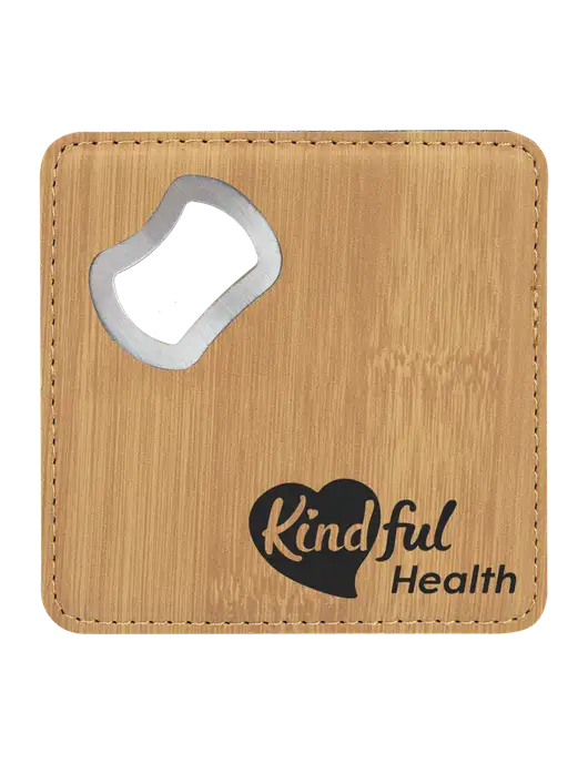 Bamboo Leatherette Coaster with Bottle Opener w/Kindful Health Logo