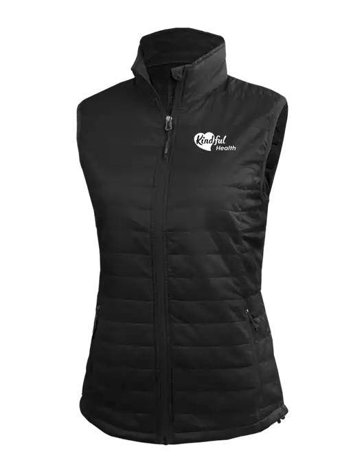 Womens Packable Black Puffy Vest w/Kindful Health Logo