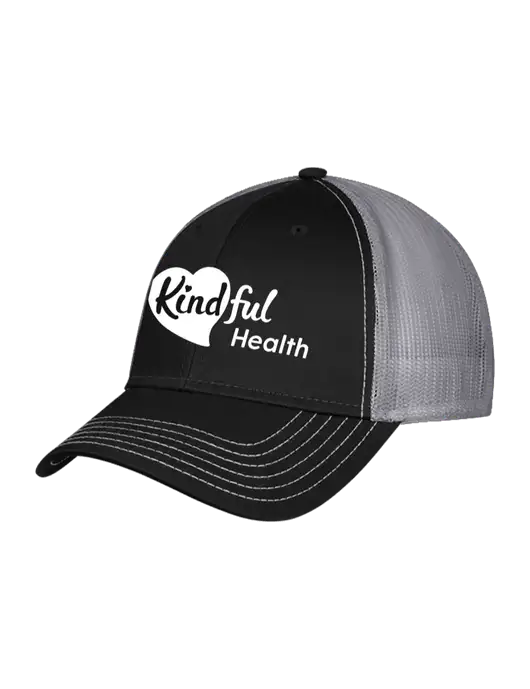 Black/Medium Dark Grey Mesh Trucker Cap Snap Back w/Kindful Health Logo