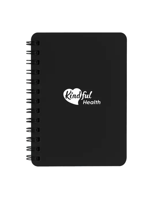 Sturdy Black Hardcover Notebook, 5.25 x 7 w/Kindful Health Logo
