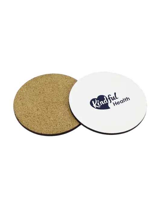 Gloss White Hardboard Round Coaster w/Cork Back, 3.75 w/Kindful Health Logo