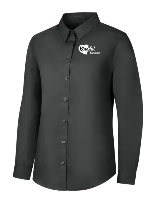 Womens Dark Grey Long Sleeve Carefree Poplin Shirt w/Kindful Health Logo