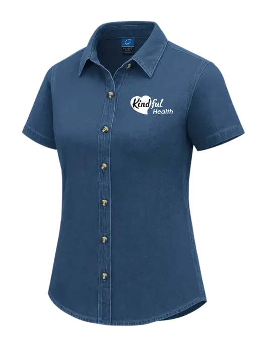 Womens Short Sleeve Light Navy Denim Shirt w/Kindful Health Logo