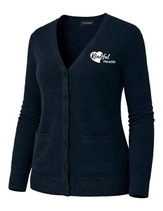 Womens Dark Navy Washable V-neck Cardigan Sweater w/Kindful Health Logo