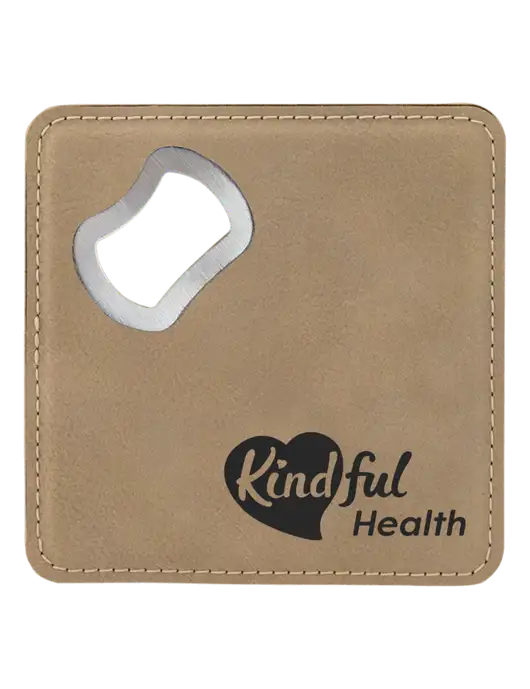 Tan Leatherette Bottle Opener Coaster w/Kindful Health Logo