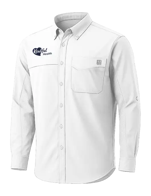HUK White Tide Point Pocket Long Sleeve Fishing Shirt w/Kindful Health Logo