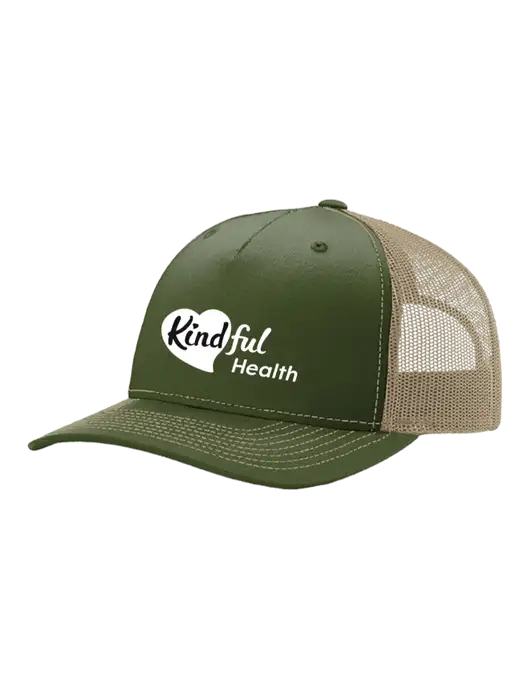 Richardson Five-Panel Trucker Medium Dark Olive/Tan Mesh Cap  w/Kindful Health Logo