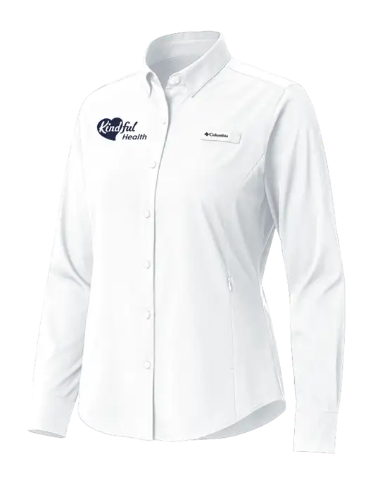 Columbia White Womens PFG Tamiami II Long Sleeve Shirt w/Kindful Health Logo
