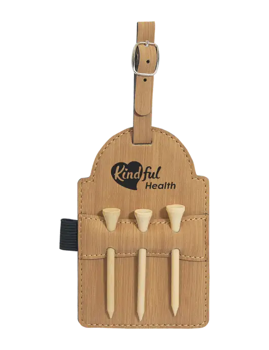 Bamboo Leatherette Golf Bag Tag with 3 Wooden Tees w/Kindful Health Logo