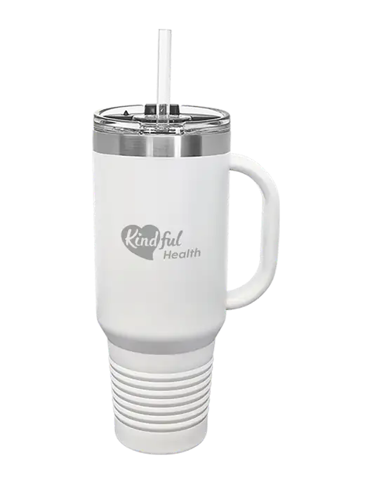 Polar Camel 40 oz. Powder Coated Vacuum Insulated White Travel Mug with Straw w/Kindful Health Logo
