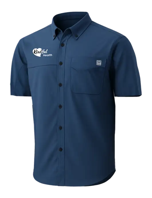 HUK Navy Tide Point Short Sleeve Shirt w/Kindful Health Logo