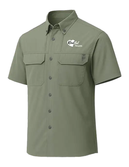 HUK Light Olive Creekbed Short Sleeve Shirt w/Kindful Health Logo