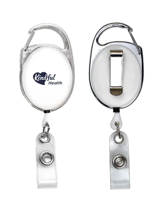 White Carabiner Style Badge Reel and Badge Holder w/Kindful Health Logo