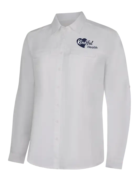 Womens White Long Sleeve UV Daybreak Shirt w/Kindful Health Logo