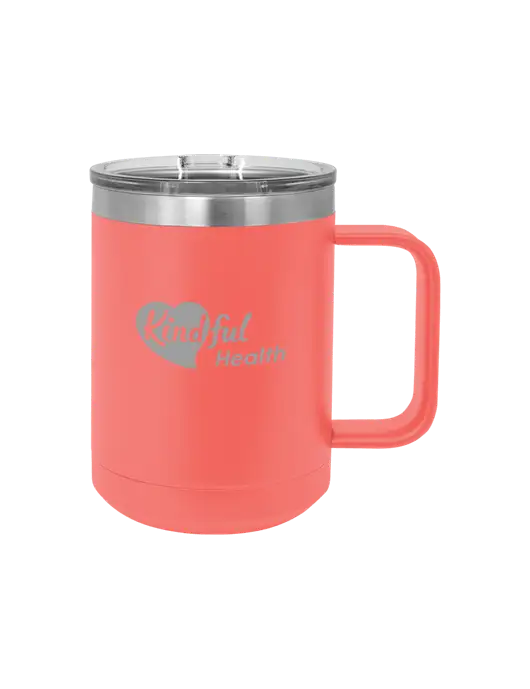 Polar Camel 15 oz Powder Coated Coral Vacuum Insulated Mug with Slider Lid w/Kindful Health Logo