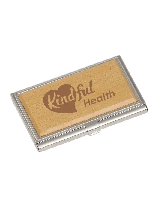 Wood & Silver Business Card Case w/Kindful Health Logo