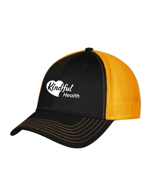 Black/Black/Gold Mesh Gold Stitching on Bill Trucker Cap Snap Back

 w/Kindful Health Logo