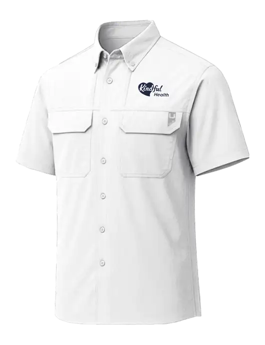 HUK White Creekbed Short Sleeve Shirt w/Kindful Health Logo