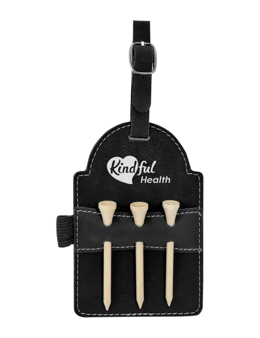 Black Leatherette Golf Bag Tag with 3 Wooden Tees w/Kindful Health Logo