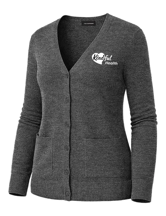 Womens Charcoal Heather Washable V-neck Cardigan Sweater w/Kindful Health Logo