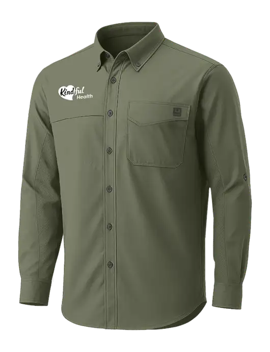 HUK Light Olive Tide Point Pocket Long Sleeve Fishing Shirt w/Kindful Health Logo