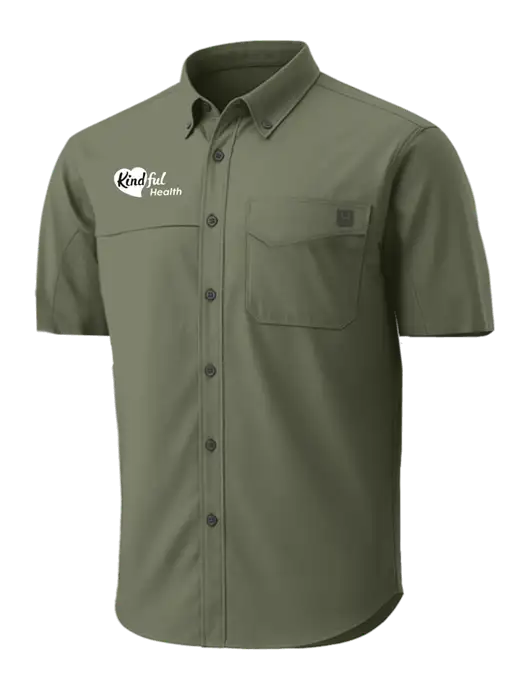 HUK Light Olive Tide Point Short Sleeve Shirt w/Kindful Health Logo