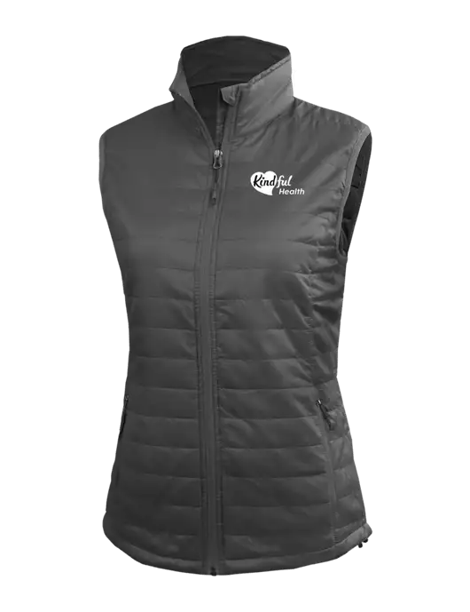 Womens Packable Dark Grey Puffy Vest w/Kindful Health Logo