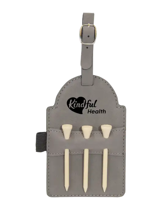 Grey Leatherette Golf Bag Tag with 3 Wooden Tees w/Kindful Health Logo
