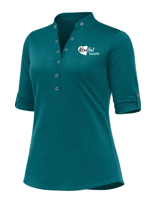 OGIO Womens Crush Henley Teal 3/4 Sleeve Shirt w/Kindful Health Logo