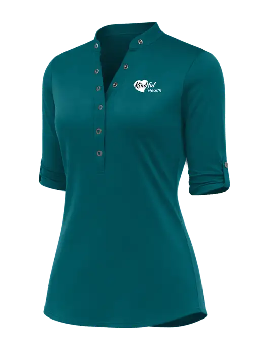 OGIO Womens Crush Henley Teal 3/4 Sleeve Shirt w/Kindful Health Logo