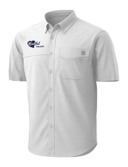 HUK White Tide Point Short Sleeve Shirt w/Kindful Health Logo