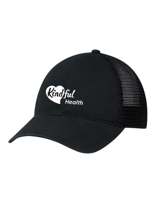 Richardson 111 Garment Washed Trucker Cap Black w/Black Mesh w/Kindful Health Logo
