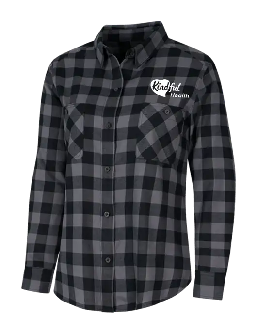 Womens Medium Grey/Black Buffalo Check Plaid Flannel Shirt w/Kindful Health Logo
