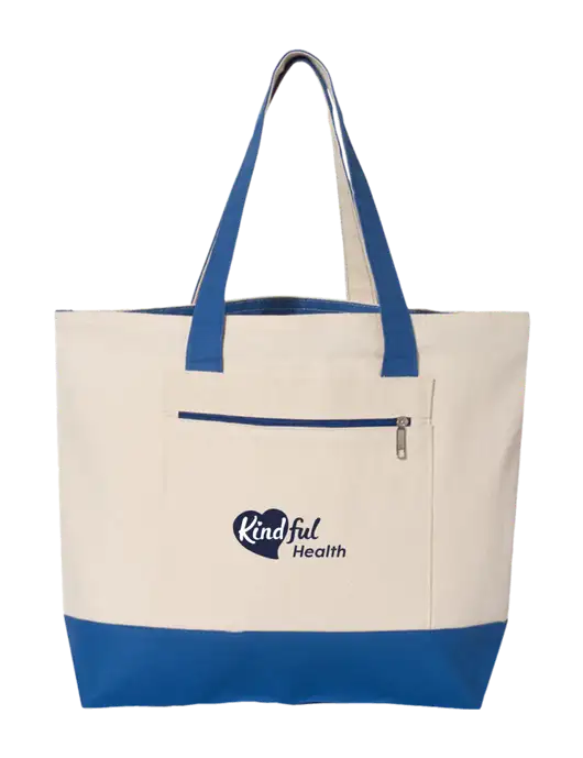 Natural/Royal Zippered Tote  w/Kindful Health Logo