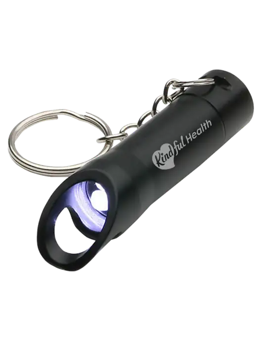 Black Pocket LED Flashlight with Bottle Opener & Keychain w/Kindful Health Logo