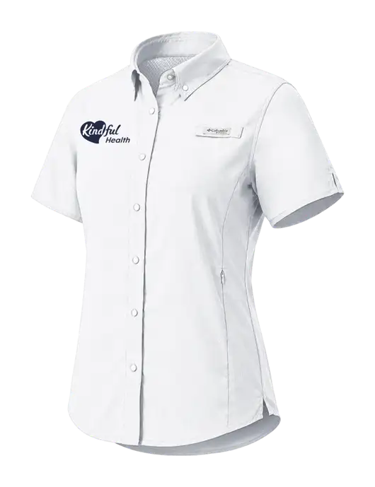 Columbia White Womens PFG Tamiami II Short Sleeve Shirt w/Kindful Health Logo