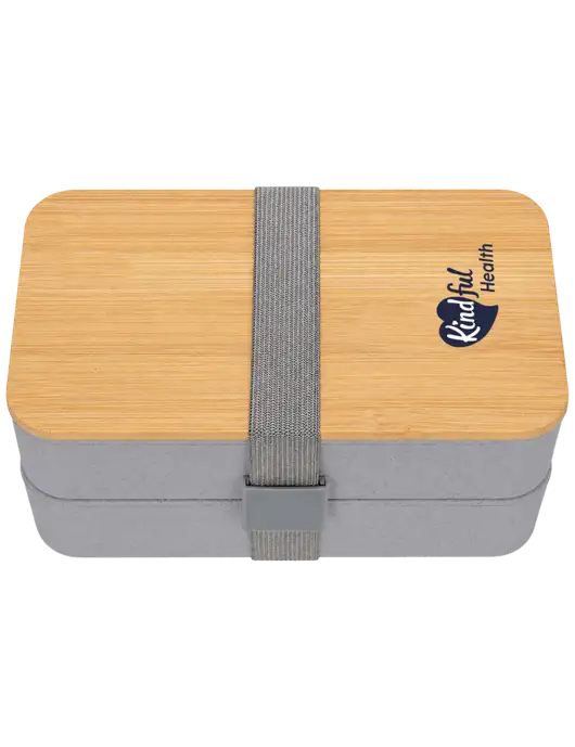 Double Decker Light Medium Grey Lunch Box w/Eco-Friendly FSC Bamboo Lid & Reusable Utensils w/Kindful Health Logo
