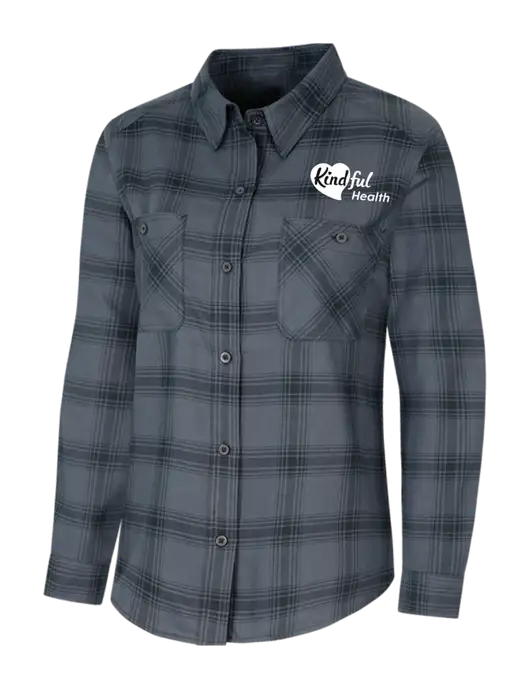 Womens Grey/Black Plaid Flannel Shirt w/Kindful Health Logo