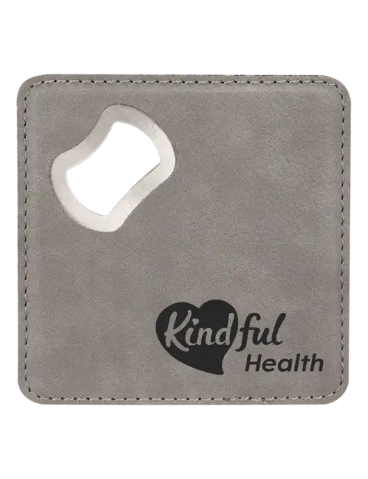 Grey Leatherette Coaster with Bottle Opener w/Kindful Health Logo