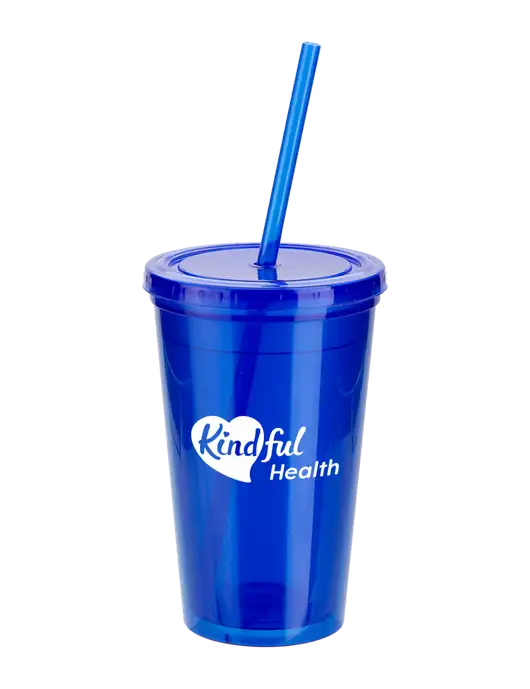 Sorrento Blue 16 oz Tumbler with Lid & Straw w/Kindful Health Logo