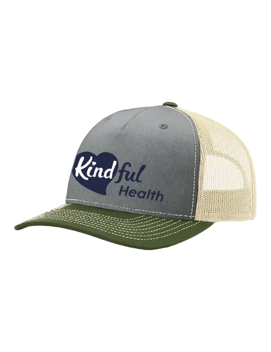 Richardson Five-Panel Trucker Olive/ Light Grey Heather w/Tan Mesh Cap  w/Kindful Health Logo