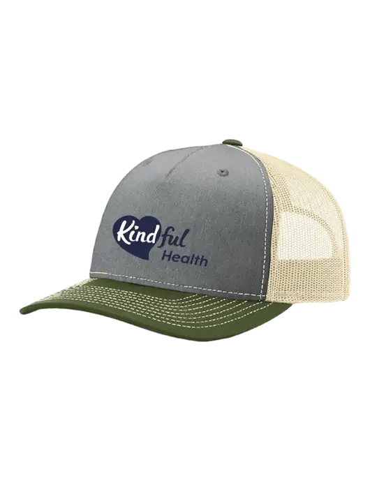 Richardson Five-Panel Trucker Olive/ Light Grey Heather w/Tan Mesh Cap  w/Kindful Health Logo