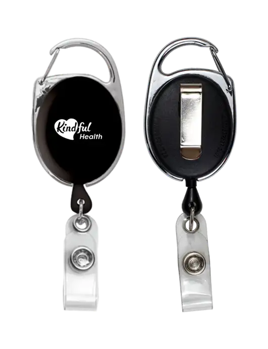 Black Carabiner Style Badge Reel and Badge Holder w/Kindful Health Logo